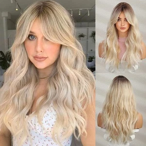 Long Wavy Ombre Brown to Blonde Wig Curtain bangs wigfor Women Natuaral Synth... - Picture 1 of 8