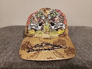 Vintage Y2K Don Ed Hardy Trucker Hat Cap SnapBack Gold Double Dragon Glitter - Picture 1 of 15