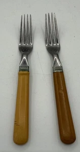 Bakelit Butterscotch gelb 30er Jahre Art Deco Edelstahl Besteck 2 Gabeln - Bild 1 von 5