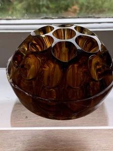 Vintage Cloudy Amber Depression Glass 19 hole Flower Frog ART DECO 11cm x 7cm - Picture 1 of 15