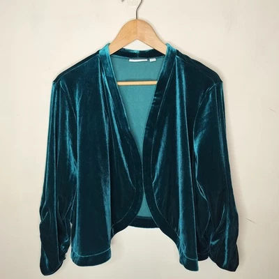 Susan Graver Size 3X Green Velvet Cardigan Ruched Sleeve Open Front - Image 1 of 4