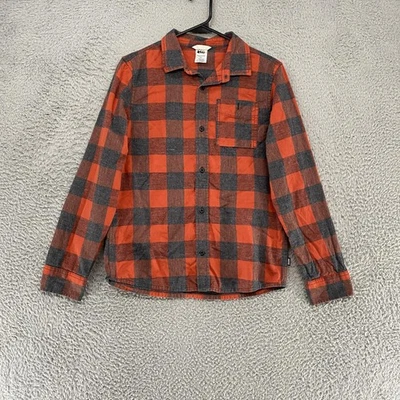 REI Flannel Shirt Boys Kids Large 14-16 Orange Gray Plaid Long Sleeve Outdoors - Image 1 of 4