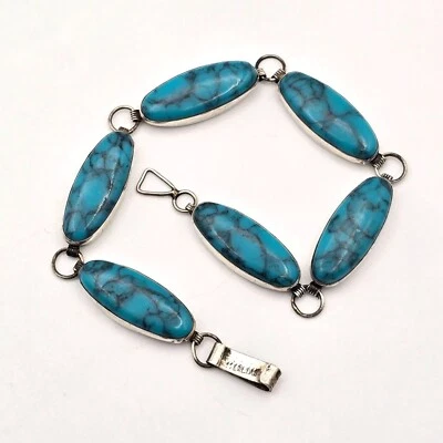 VTG Sterling Silver & Turquoise Link Tennis Bracelet 7.2" Oval Cabochons - Image 1 of 4