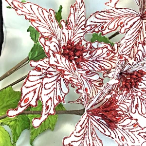 Set of 5 Sparkling Red Rhinestone and Glitter Artificial Poinsettia Floral Stems - Picture 1 of 10