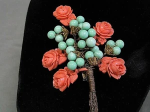Vintage Coral Japan hand Made flowers & Green Marbles Broach pin Jewelry - Picture 1 of 12