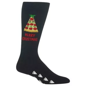 Merry Crust-mas Non-Skid Men's Crew Socks Black Hot Sox Pizza Fashion New - Picture 1 of 2