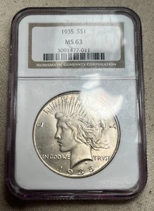 1935 Silver Peace Dollar, NGC MS 63 - Picture 1 of 6