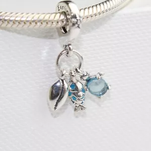 Authentic Pandora Silver Fish, Sea Turtle & Conch Triple Silver Dangle Charm - Picture 1 of 4
