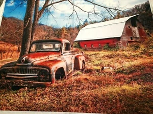 Panel de tela textiles David 35"x46" rojo oxidado camioneta rojo granero país - Imagen 1 de 10