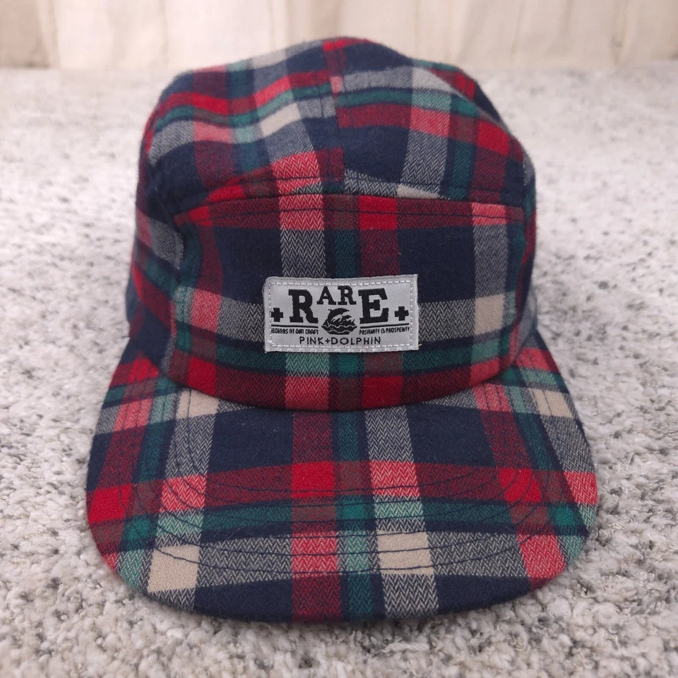 Chapéu golfinho rosa 5 painéis xadrez flanela mistura de lã boné Strapback vermelho verde excelente estado usado - Imagem 1 de 4