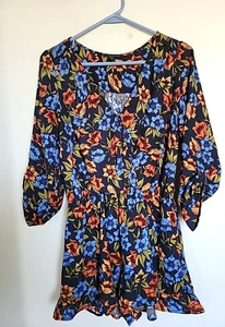 Pagliaccetto donna Staccato BOHO taglia small blu navy floreale finto avvolgente manica 3/4 - Foto 1 di 3