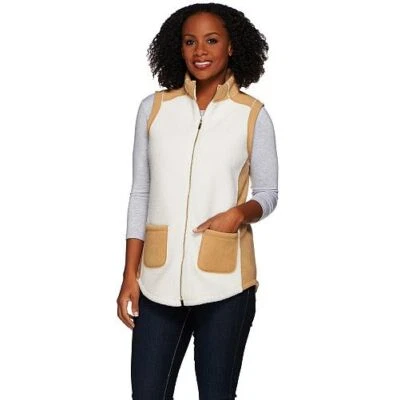 Susan Graver Size 1X Ivory/Camel Bonded Polar Fleece Zip Front Color Block Vest - Image 1 of 4