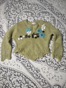 Confetti, kids Green and white knitted wool sweater with embroidered flowers - Picture 1 of 4