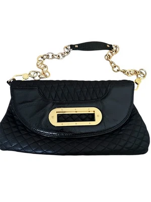 Black BCBG Maxazria Leather Baguette Handbag with Gold toned Link Strap - Image 1 of 4