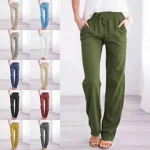 Women Cotton Linen Trousers Ladies Summer Casual Elastic Waist Bottoms Pants UK! - Picture 1 of 23