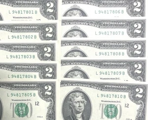 Lot of 10 RARE Crisp Two Dollar Bill Uncirculated Sequential Serial # $2 Bill - Picture 1 of 3