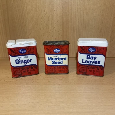 Vintage Spice Tins Lot of 3 Kroger Ginger Mustard Seed Bay Leaves (not empty) - Image 1 of 4