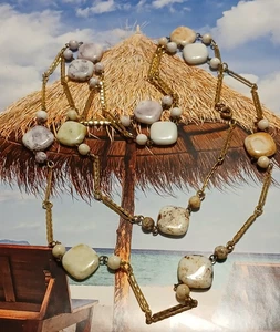 Long Strand Gold Tone Necklace with White and Brown Stone Stationed Accents - Picture 1 of 8