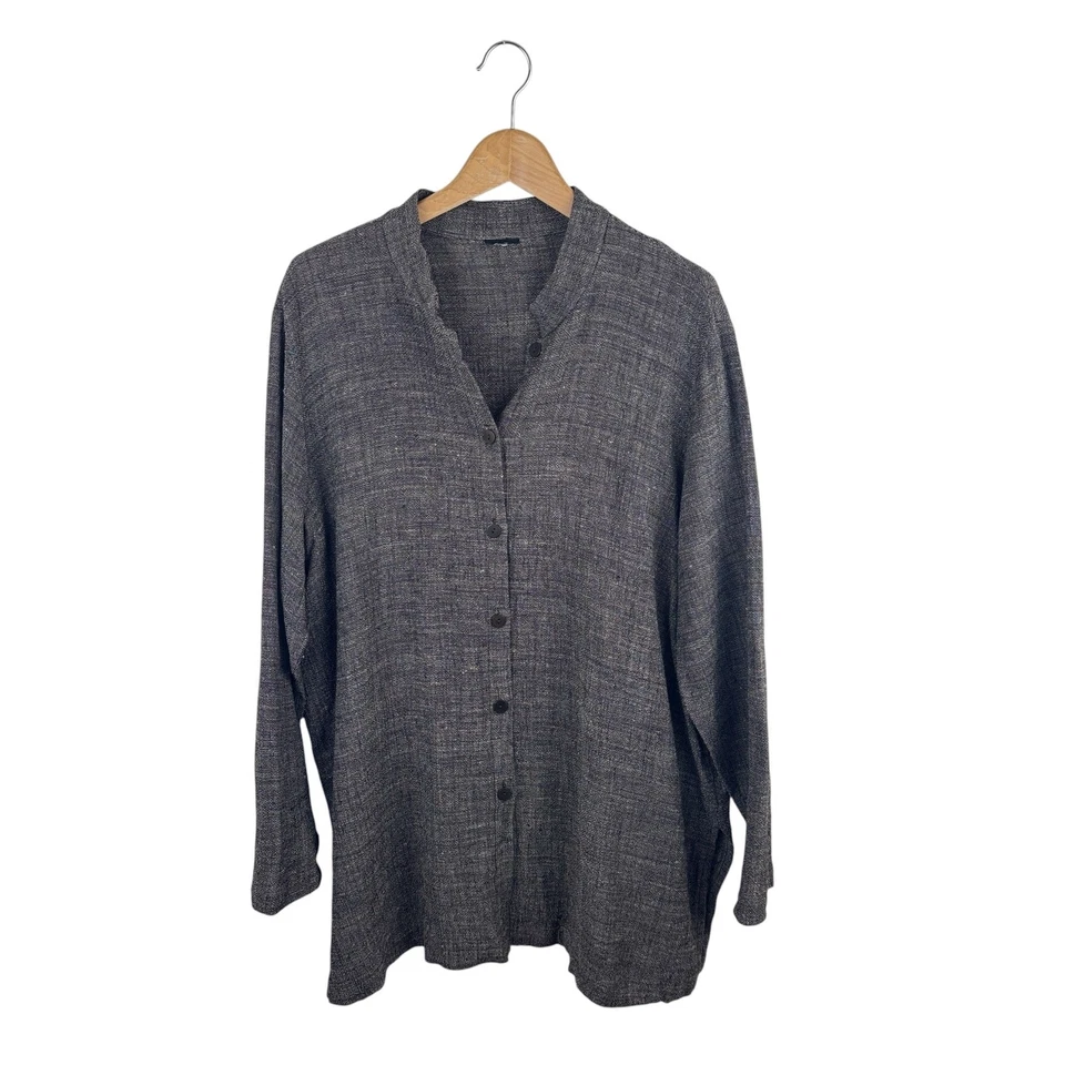 Eileen Fisher Linen Blend Button Up Tunic 1X/2X Woven Lagenlook Brown  - Image 1 of 4