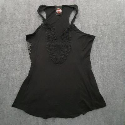 Regata feminina vintage Harley Davidson XL Racerback preta gola de malha soletrada - Imagem 1 de 4