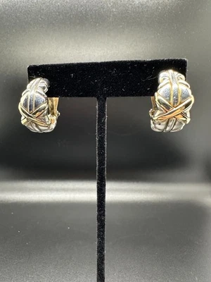 VTG Rigoberto Sterling and 14K gold hoop clip on earrings. 23MM 17.34Grams. NICE - Image 1 of 4