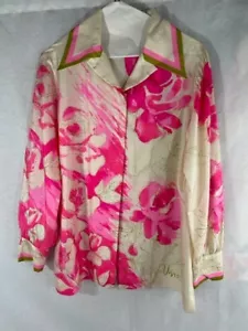 Vintage Vera Neumann all silk blouse pink green floral 1970's Mod Lapels, Cuffs - Picture 1 of 13