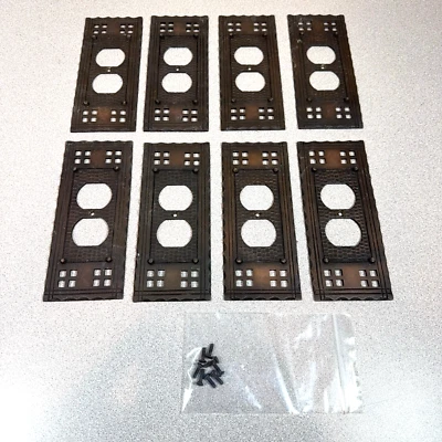 Lote de 8 cubiertas de salida dúplex de metal de herrajes antiguos House of Oil Frot Bronze Foto 1 de 4