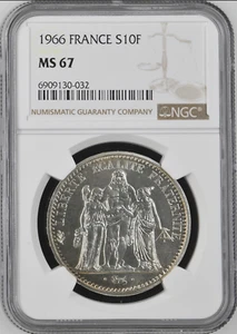:1966A 10-FRANCS FRANCE SUPERB NGC MS67 HERCULES GROUP RARITY R8 HIGHEST-GRADES - Picture 1 of 2