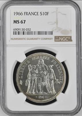 :1966A 10-FRANCS FRANCE SUPERB NGC MS67 HERCULES GROUP RARITY R8 HIGHEST-GRADES - Image 1 of 2