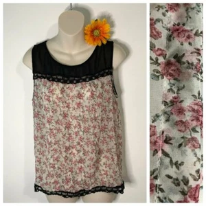 Pretty Good Damen Top rosa schwarz große Blumen Spitze romantisch transparent ärmellos - Bild 1 von 8