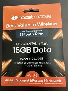Boost Mobile 1 Mo. Plan Unlimited Talk & Text + 15GB of 5G/4G Data SIM Card Kit - Picture 1 of 2