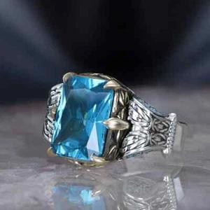 Anillo de hombre de plata de ley 925 con piedra de circonita azul oscuro maciza - Imagen 1 de 6