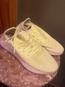 Women’s Size 7 Adidas Deerupt Runner Glow Yellow Pink Net Sneakers Tennis Shoes - Picture 1 of 8
