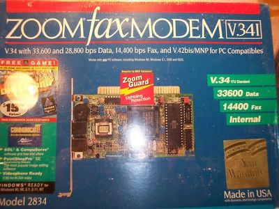 ZOOM FAX MODEM V.34I MODEL 2834 33,600 & 28,000 bps DATA 14440 bps FAX NIB - Image 1 of 2