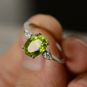 1.5ct Lab-Created Green Peridot Engagement Ring White Gold Plated Three Stone - Picture 1 of 5