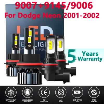 For Dodge Neon 2001-2002 - Combo 9007 LED Headlight 9145 Fog Bulbs Super Bright - Image 1 of 4