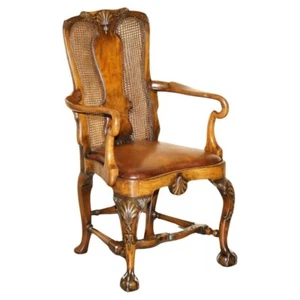 ANTIQUE THOMAS CHIPPENDALE CLAW & BALL CARVED BERGERE BROWN LEATHER ARMCHAIR - Picture 1 of 22