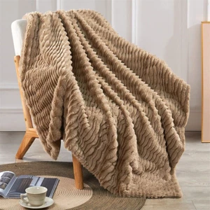 Wavy Pattern Faux Fur Throw with Micromink Back, Warm Plush Decorative Blanket - Picture 1 of 8