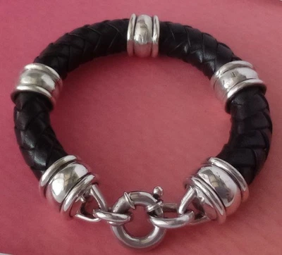 BRAZALETE BARRY KIESELSTEIN CORDÓN PLATA ESTERLINA TEJIDO CUERO NEGRO CON PUÑOS 56GR Foto 1 de 4