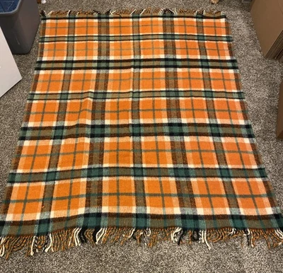 Vintage Heavy Wool Plaid Throw Blanket Orange Green Black 55x75 With Fringe - Image 1 of 4