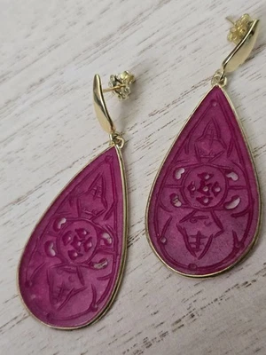 Ross Simons 18k Yellow Gold/Sterling silver bright Pink Jade carved earrings - Image 1 of 4