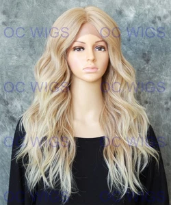 Lange lose gewellte Hitze OK Echthaar Mischung Lace Front Perücke hellblond ombre EVEX - Bild 1 von 7