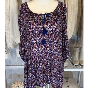 XXI Los Angeles Women's Size S Blue/Purple Floral Tie Neck Boho Blouse #0328 - Picture 1 of 11