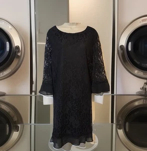 New Lipsy Size 18 Black Flute Sleeve Lace Shift Knee Length Dress Flared Hem - Picture 1 of 17