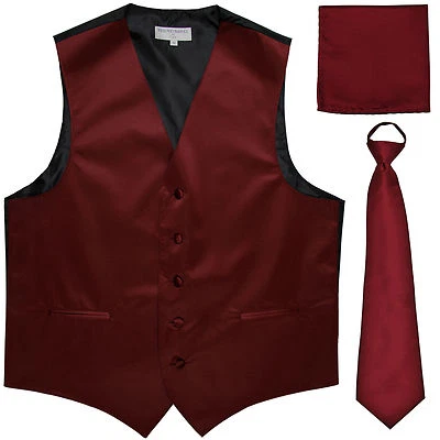 New Men's burgundy formal vest Tuxedo Waistcoat pre-tied neck tie and hankie - Image 1 of 4