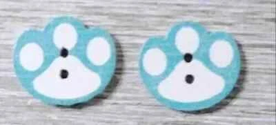 wood paw print sewing buttons crafts 2 holes 5/8 inch blue 2pc - Image 1 of 2
