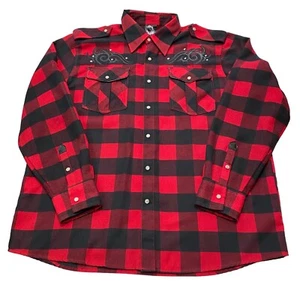 Raw blue 2XL Buffalo Plaid Red Shacket pearl  snap Embroidered maltese cross - Picture 1 of 12