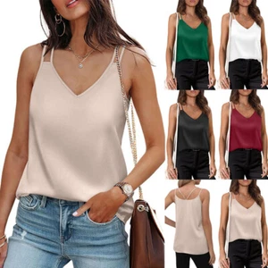 LOTTO 2025 donna estate raso seta top cami camicie scollo a V casual blusa canotta - Foto 1 di 14