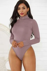 Women Plain High Roll Turtle Neck Bodysuit Long Sleeve Leotard Charm Tops S L XL - Picture 1 of 16