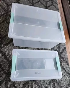 Lote de 2 cajas de almacenamiento Sterilite transparentes Aqua Latch usadas en excelente estado medianas pequeñas rectangulares - Imagen 1 de 11